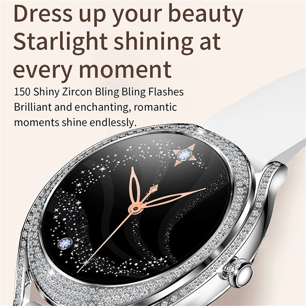 V66 1.28 Inch HD Screen Women Smart Watch Heart Rate Monitor Bracelet with Zircon Decor, Silicone Strap
