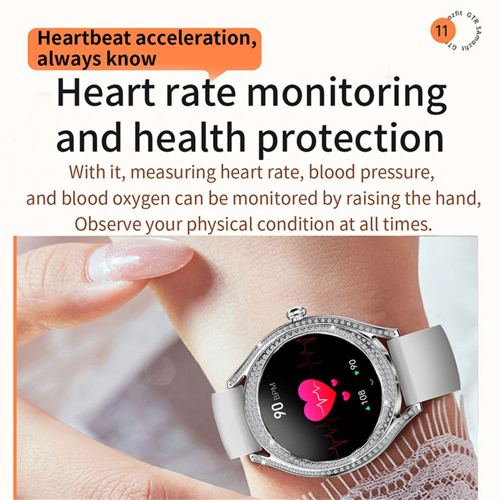 V66 1.28 Inch HD Screen Women Smart Watch Heart Rate Monitor Bracelet with Zircon Decor, Silicone Strap