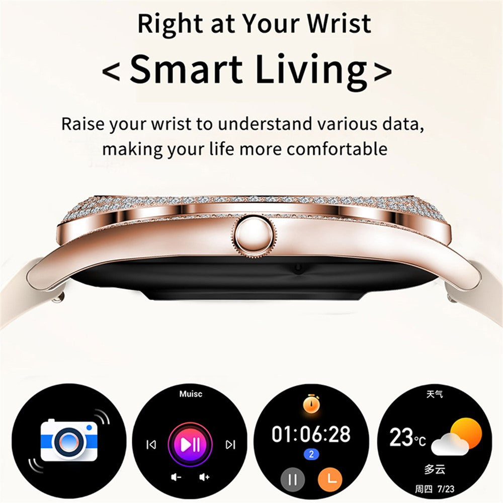 V66 1.28 Inch HD Screen Women Smart Watch Heart Rate Monitor Bracelet with Zircon Decor, Silicone Strap