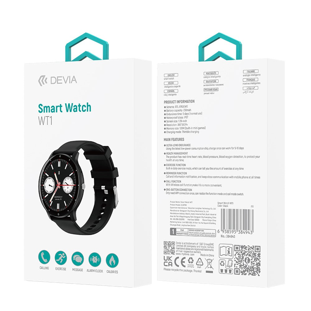 DEVIA Smart Watch WT1 1.39-inch Display IP67 Waterproof Bluetooth-compatible Call Sports Bracelet with Health Monitoring