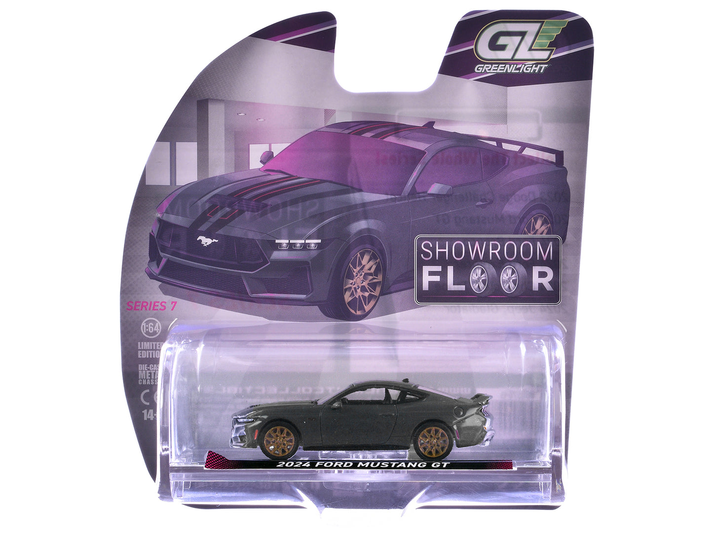 2024 Ford Mustang GT Dark Matter Gray with Black and Red Stripes "Showroom Floor" Series 7 1/64 Diecast Model Car by Greenlight