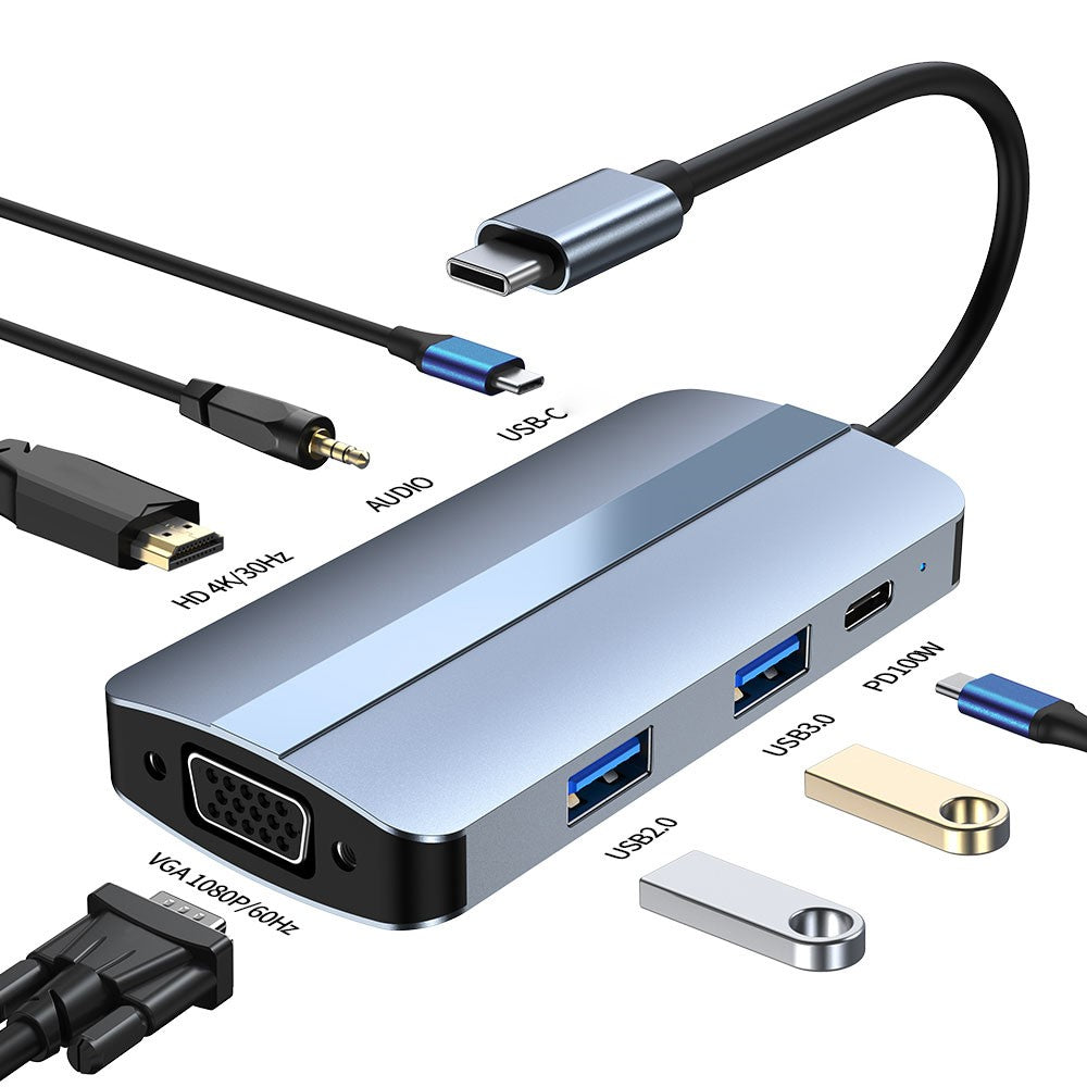 2106 Type-C Docking Station Portable USB Hub Adapter Multi-Port 7-in-1 USB-C to HD 4K / 30Hz, PD 100W, VGA 1080P, USB3.0, USB2.0