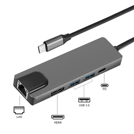 Portable Type-C Docking Station 5-in-1 USB-C Hub Adapter 4K HD Type-C Splitter to RJ45, USB-C, USB 3.0