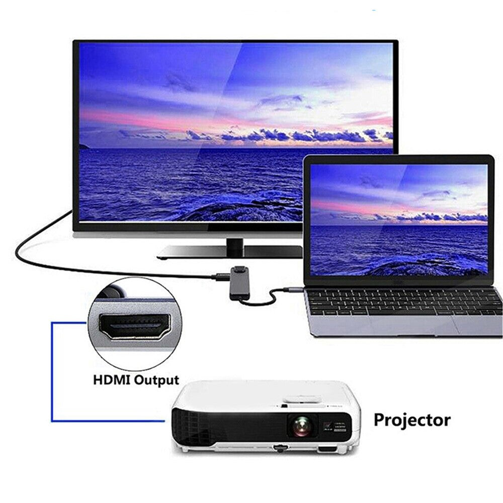 Portable Type-C Docking Station 5-in-1 USB-C Hub Adapter 4K HD Type-C Splitter to RJ45, USB-C, USB 3.0