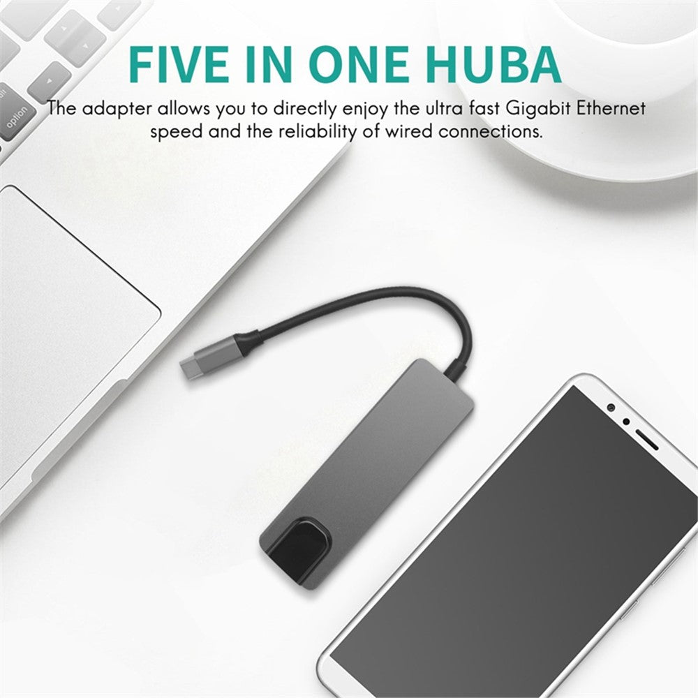 Portable Type-C Docking Station 5-in-1 USB-C Hub Adapter 4K HD Type-C Splitter to RJ45, USB-C, USB 3.0