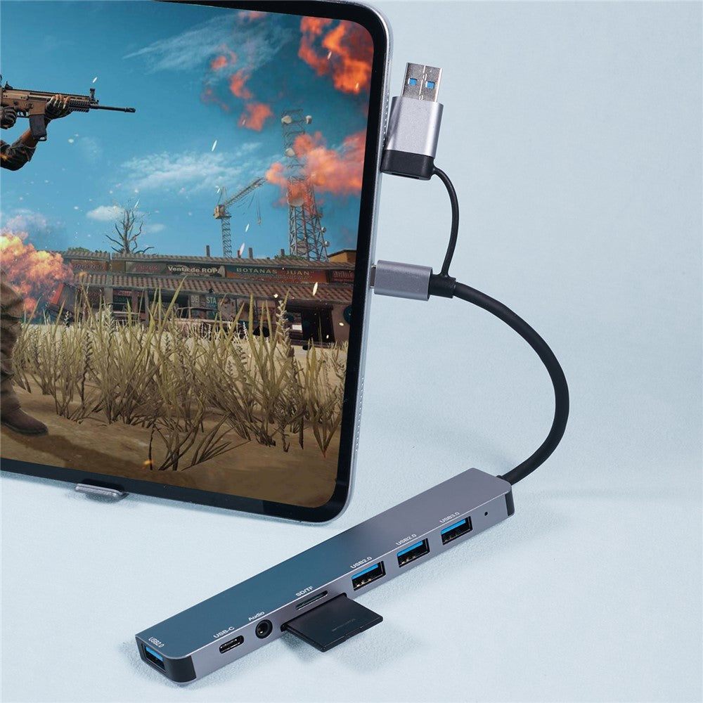 2218TU 8 in 1 USB Hub Adapter USB / Type-C to USB3.0 + 3 USB 2.0 + USB-C + SD / TF + 3.5mm Docking Station
