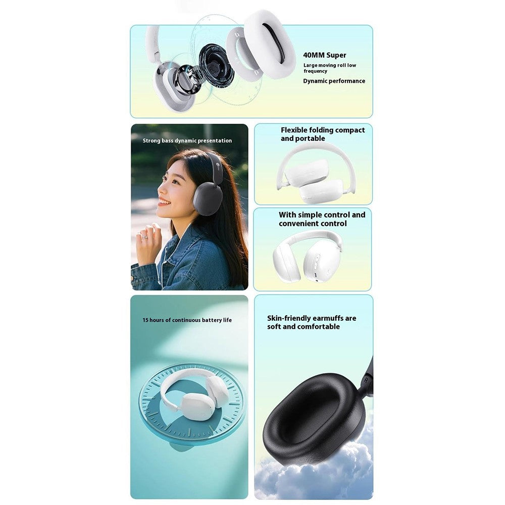 LENOVO LECOO ES210 Foldable Bluetooth-Compatible Headphones Stereo 15H Playtime Over-Ear Wireless Headset