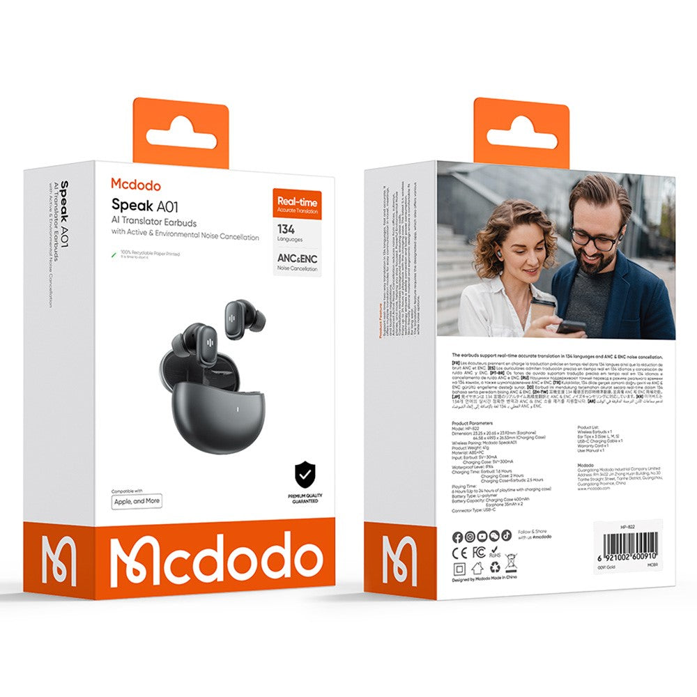 MCDODO HP-822 AI Translator Earbuds ANC + ENC Noise Reduction Bluetooth-Compatible Wireless Headphones