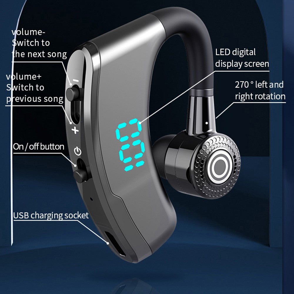 V9S Bluetooth-compatible Single-Ear (Monaural) Headset Business Style LED Display Wireless Headphone Earphone with Battery Charging Case