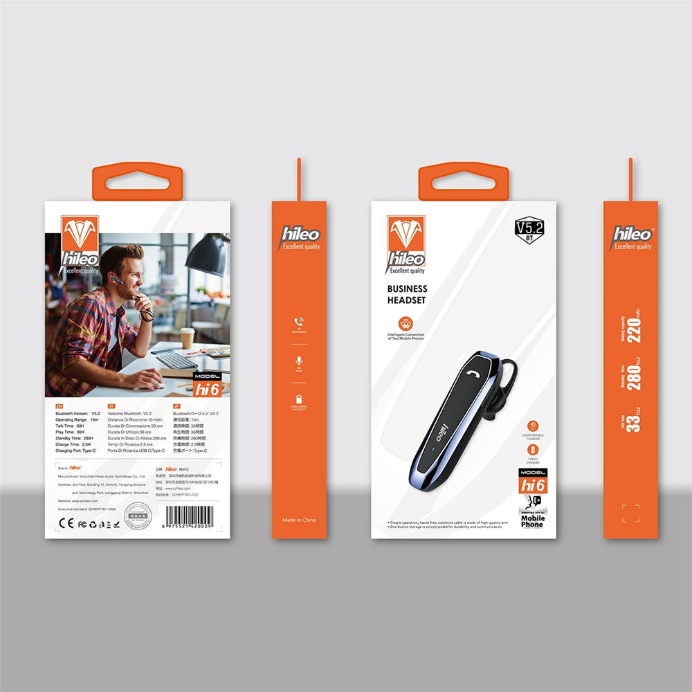 HILEO Hi6 Single Ear Wireless Bluetooth-compatible Headset Low-Power Dissipation Earphone Business Style Ultra-Long Standby Headphone Support IPX4 Water Resistant
