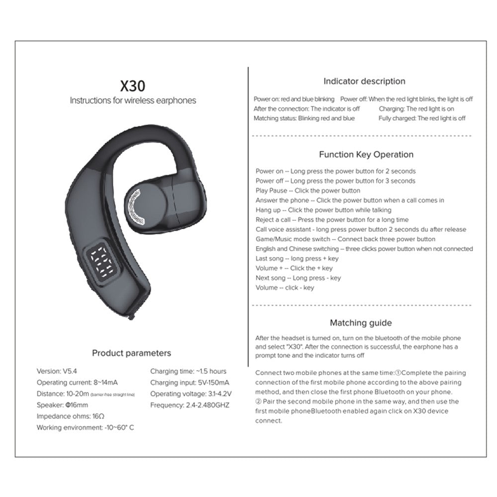X30 Bluetooth-compatible 5.4 Single Ear Business Headphone Wireless Hook Earphone