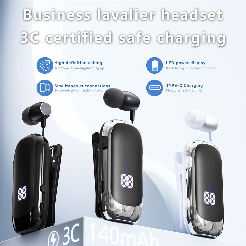 K88 Business Lavalier Headphones Retractable Sports Bluetooth-compatible Earphones with LED Display