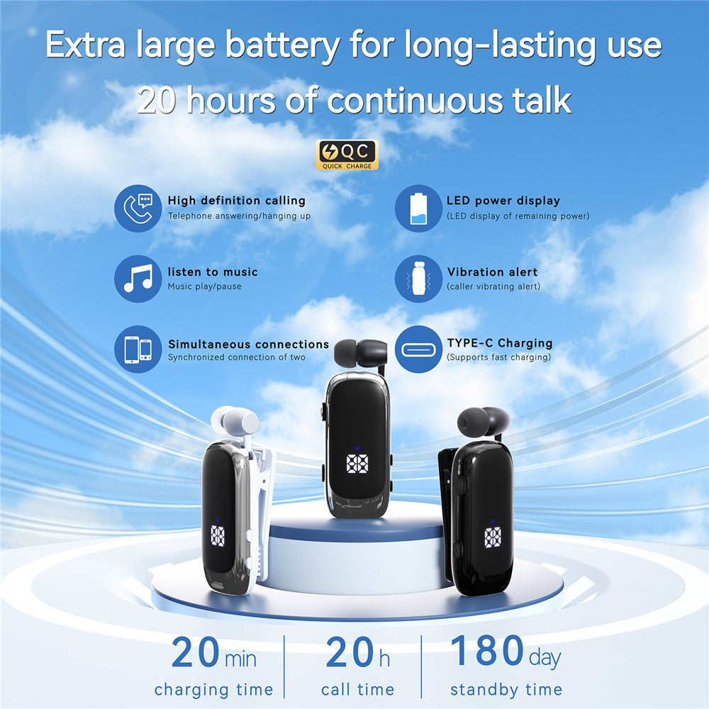K88 Business Lavalier Headphones Retractable Sports Bluetooth-compatible Earphones with LED Display