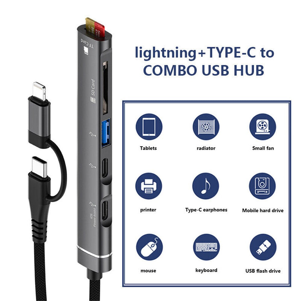 SVT02 For Iphone+Type-C Hub Adapter to 2 Type-C Ports+USB+2 Card Reader Slots