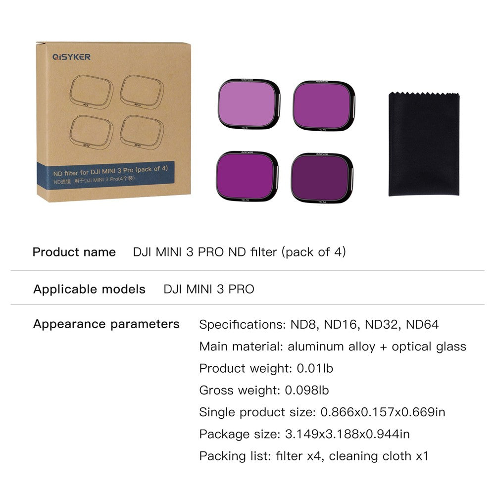 QISYKER DAMI3FAL 4Pcs/Set for DJI Mini 3 Pro ND8+ND16+ND32+ND64 Filters Aluminum Alloy Frame+Optical Glass Camera Lens Filters