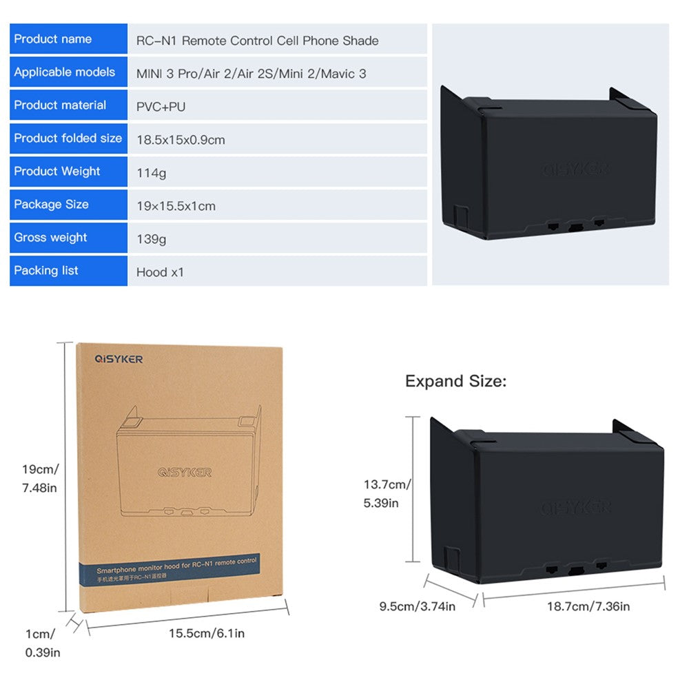 QISYKER DARCN2513 for DJI Mini 3 Pro/Air 2/Air 2S/Mini 2/Mavic 3 Mobile Phone RC-N1 Remote Control Foldable Sun Hood Screen Cover