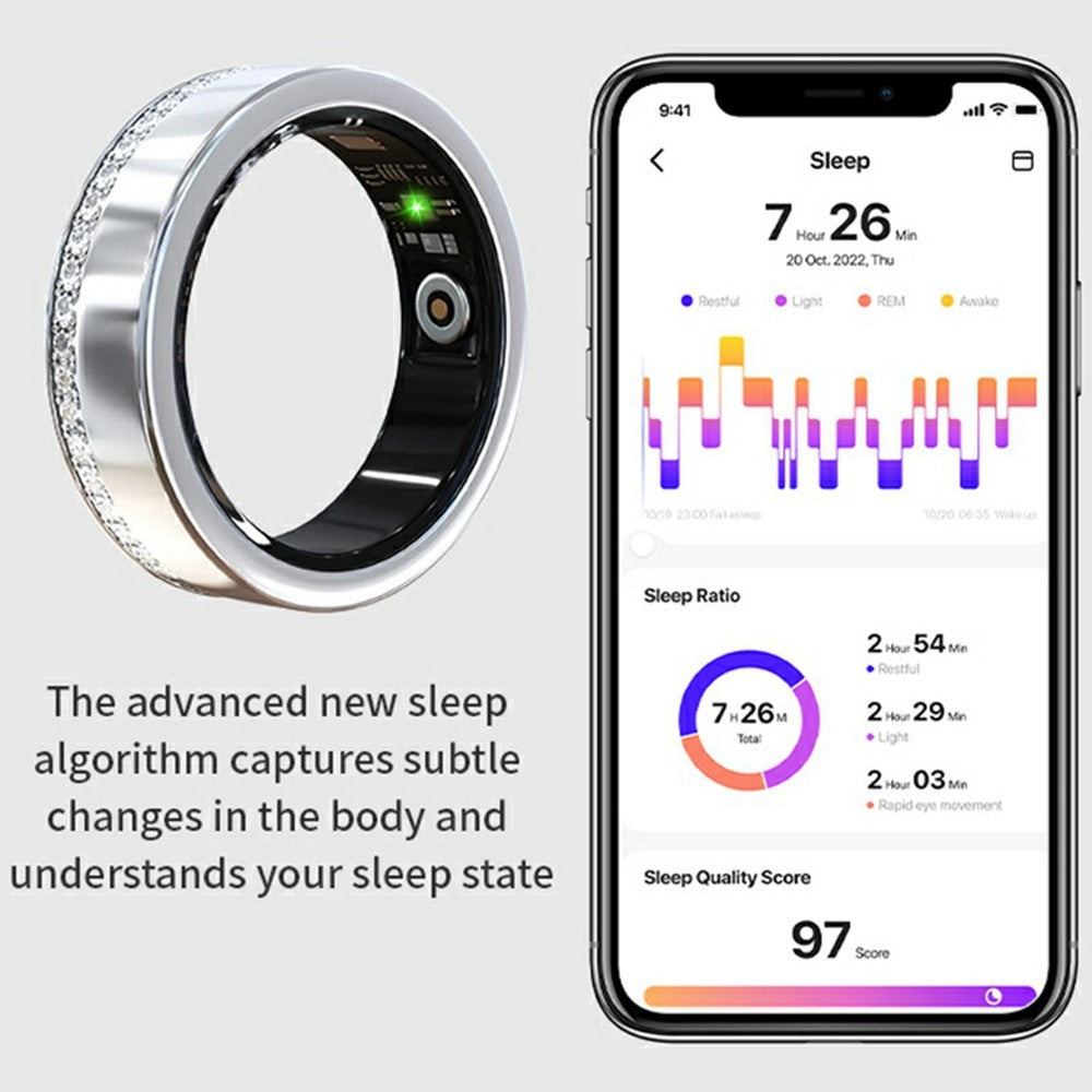V8 Rhinestone Decor Sleep Heart Rate Health Monitoring Smart Ring with Charging Case