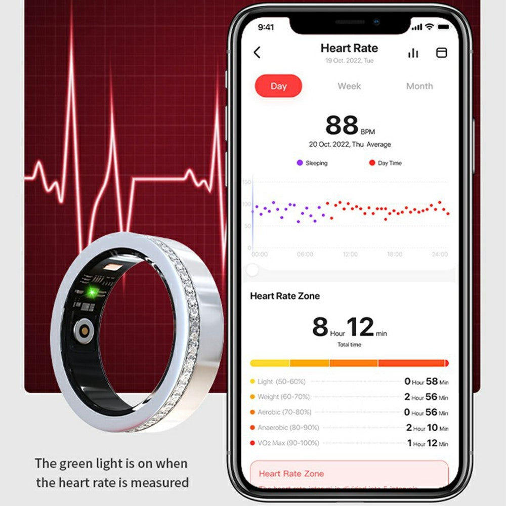 V8 Rhinestone Decor Sleep Heart Rate Health Monitoring Smart Ring with Charging Case