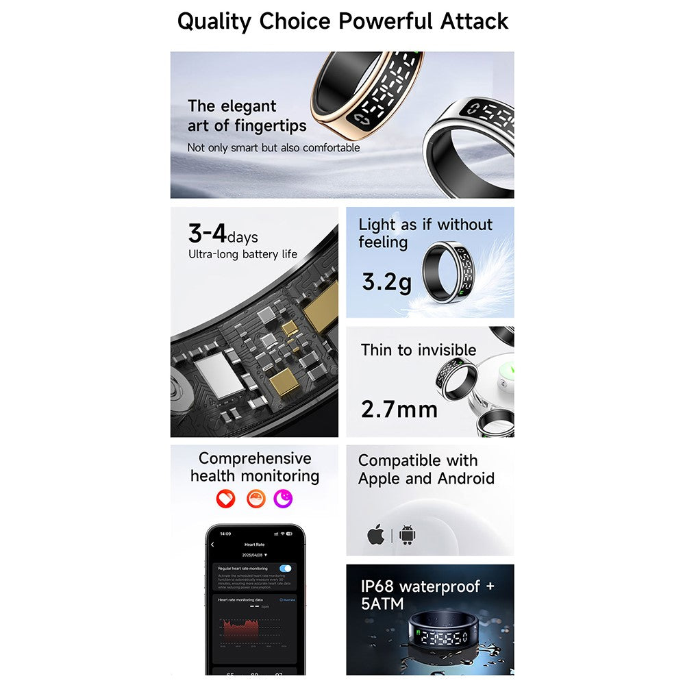 SY01 Digital Display Smart Ring Sleep Blood Oxygen Heart Rate Monitor Ring with Charging Case