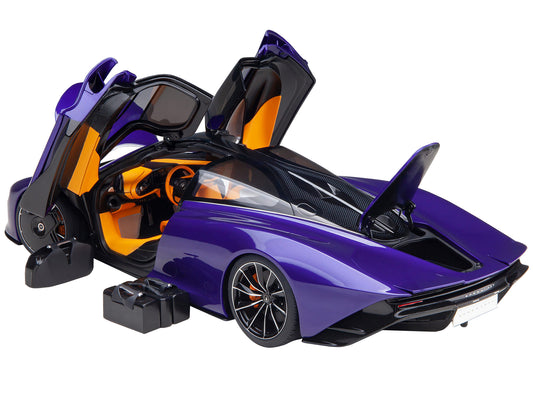 McLaren Speedtail Lantana Purple Metallic with Black Top and Yellow Interior and Suitcase Accessories 1/18 Model Car by Autoart
