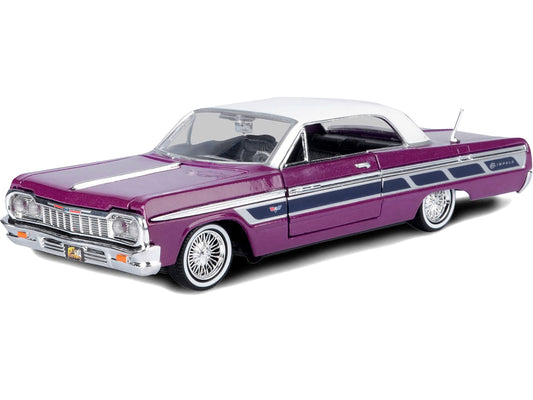 1964 Chevrolet Impala Lowrider Hard Top Purple Metallic with White Top "Get Low" Series 1/24 Diecast Model Car by Motormax