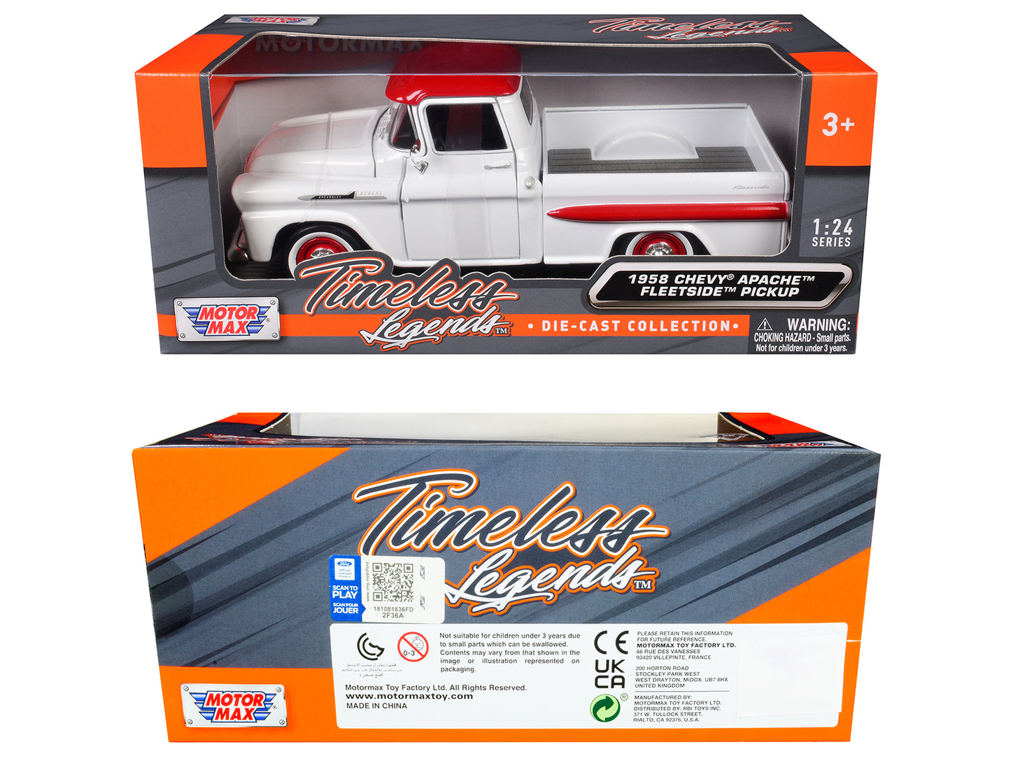 1958 Chevrolet Apache Fleetside Pickup Truck White with Red Top "Timeless Legends" Series 1/24 Diecast Model Car by Motormax