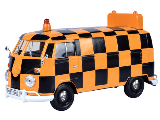 Volkswagen Type 2 (T1) Airport Runway Delivery Van Black and Orange Checkered 1/24 Diecast Model Car by Motormax