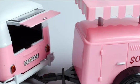 Volkswagen T1 Delivery Van with Ice-Cream Trailer Pink and White "Ice-Cream Shop" 1/24 Diecast Model Car by Motormax