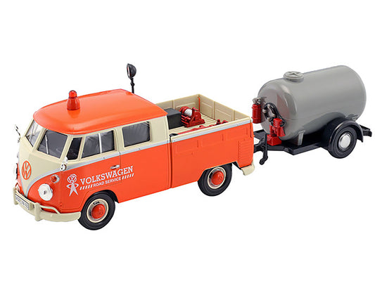 Volkswagen Type 2 (T1) Pickup Truck Orange and Cream with Oil Trailer "Road Service" 1/24 Diecast Model Car by Motormax