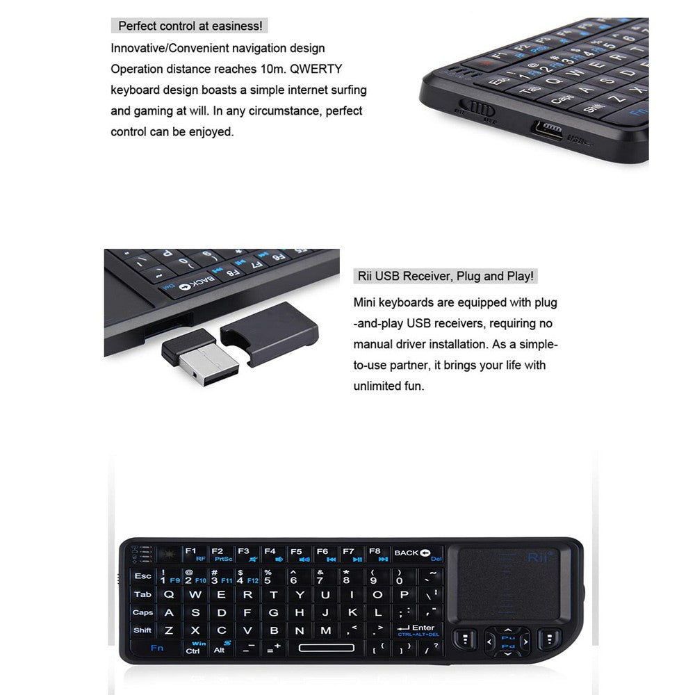 RII Mini V3 2.4GHz Wireless QWERTY Keyboard Touchpad Air Mouse with Backlit (English Version)