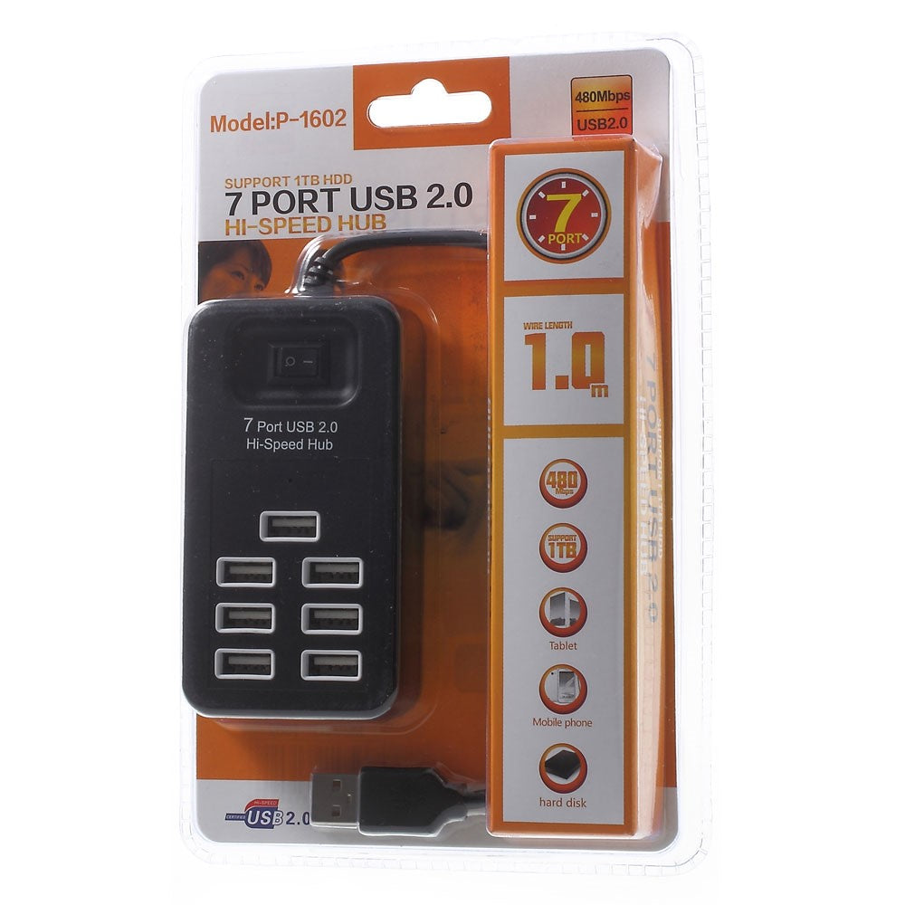 Portable 7 Ports USB 2.0 Hub with 1m Cable and Power Switch