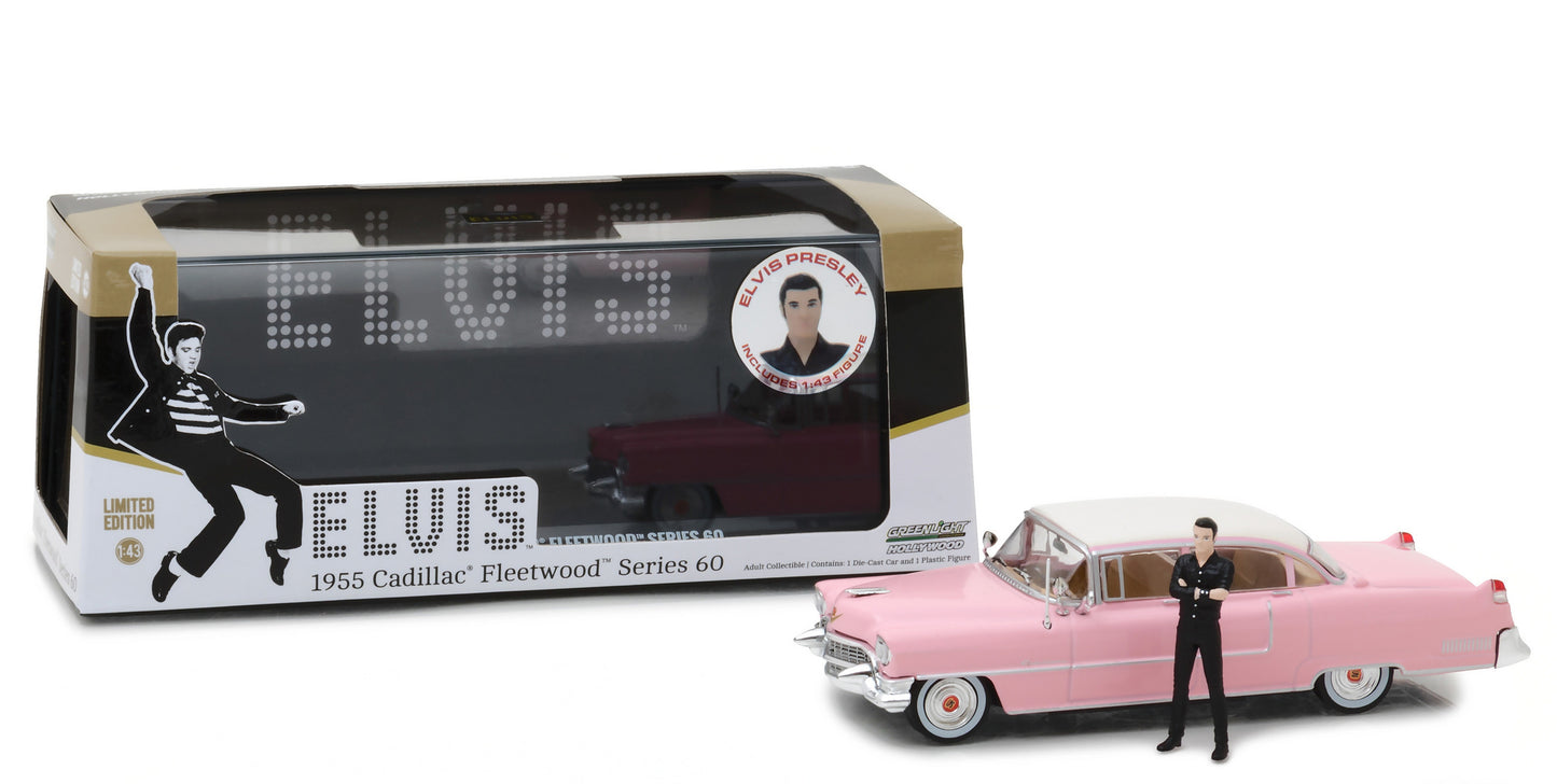 Elvis Presley's 1955 Pink Cadillac Fleetwood Series 60 with Elvis Presley Figurine 1/43 Diecast Model Car by Greenlight