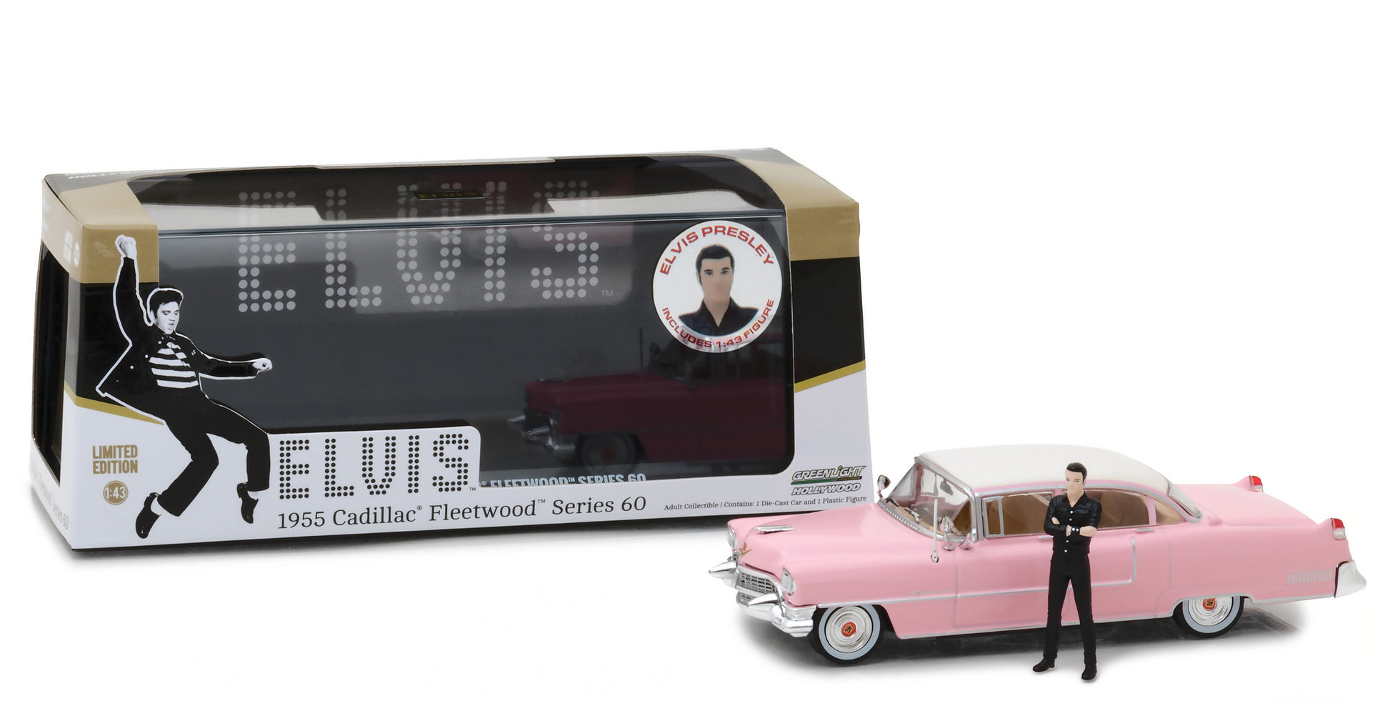Elvis Presley's 1955 Pink Cadillac Fleetwood Series 60 with Elvis Presley Figurine 1/43 Diecast Model Car by Greenlight