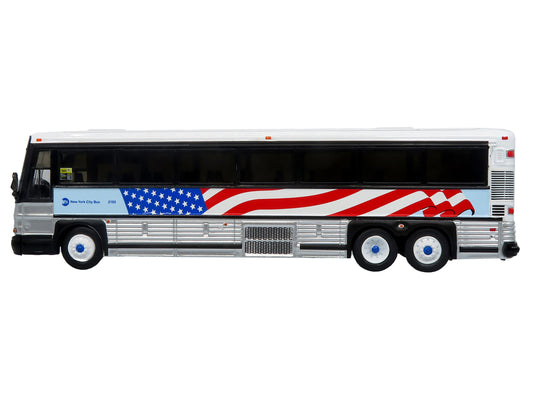 2001 MCI D4000 Coach Bus "MTA New York City - 9/11 Memorial" Silver and White with American Flag Graphics "Vintage Bus & Motorcoach Collection" Limited Edition to 504 pieces Worldwide 1/87 (HO) Diecast Model by Iconic Replicas