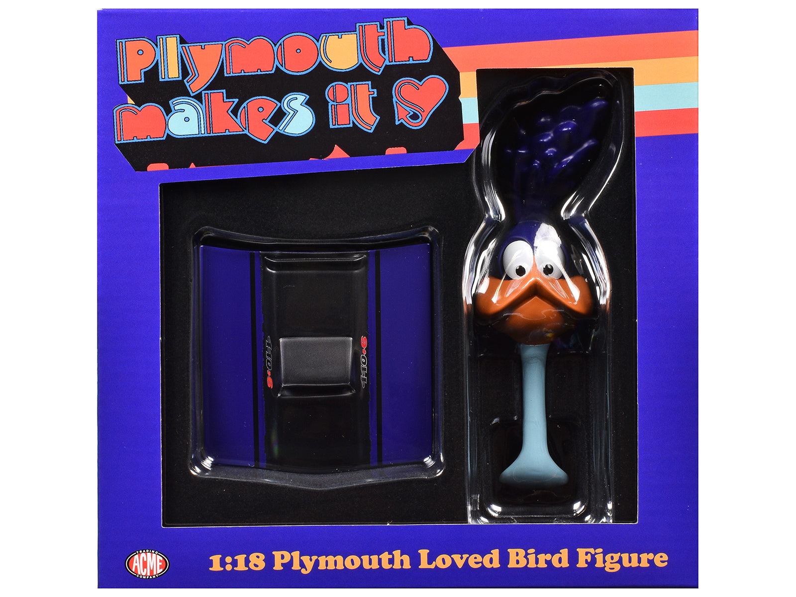 Plymouth Loved Bird Figure with Plum Crazy Hood Stand 1/18 Diecast Model by ACME