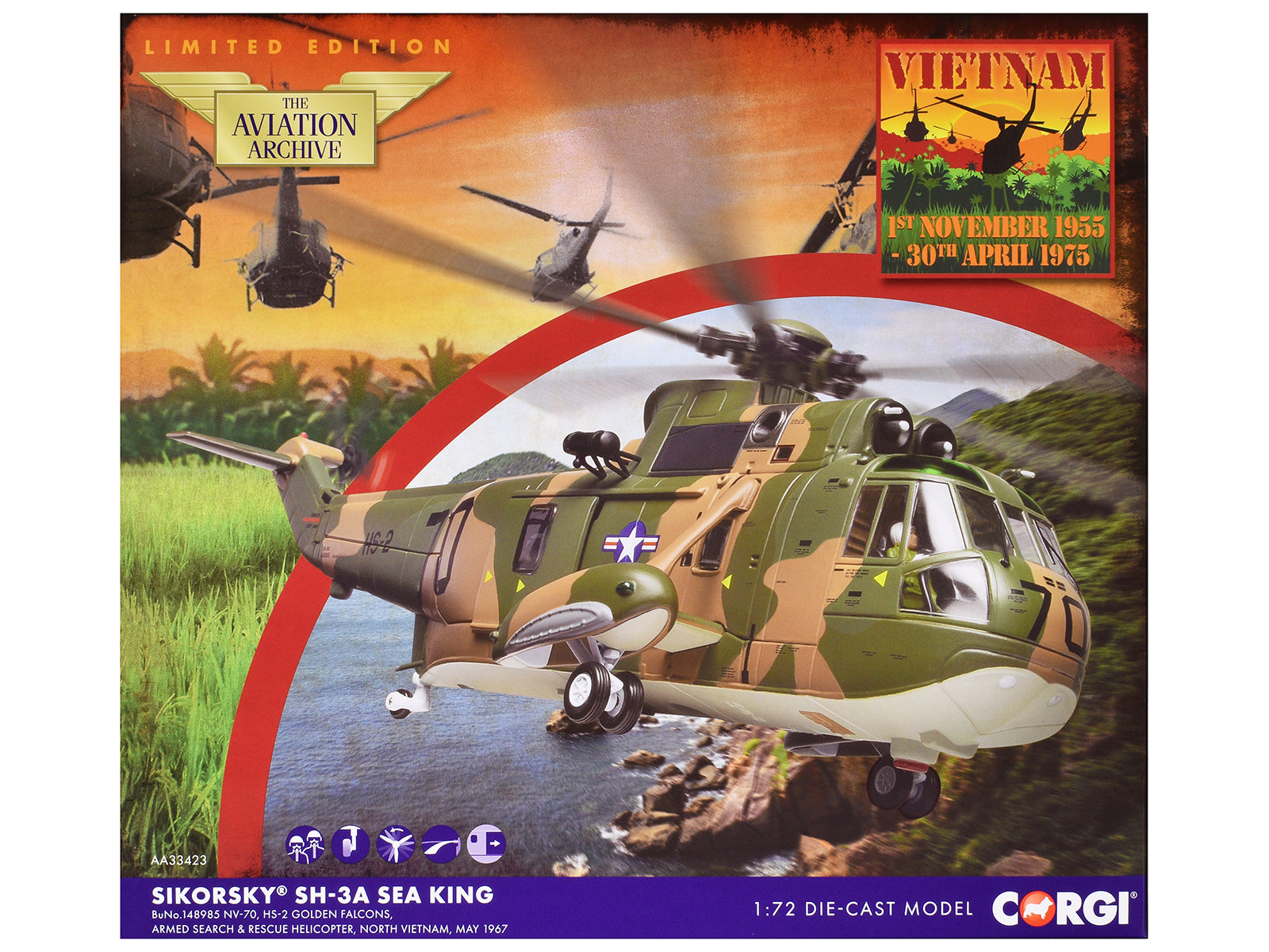 Sikorsky SH-3A Sea King Helicopter "HS-2 Golden Falcons Armed Search & Rescue North Vietnam" (1967) United States Navy "The Aviation Archive" Series 1/72 Diecast Model by Corgi