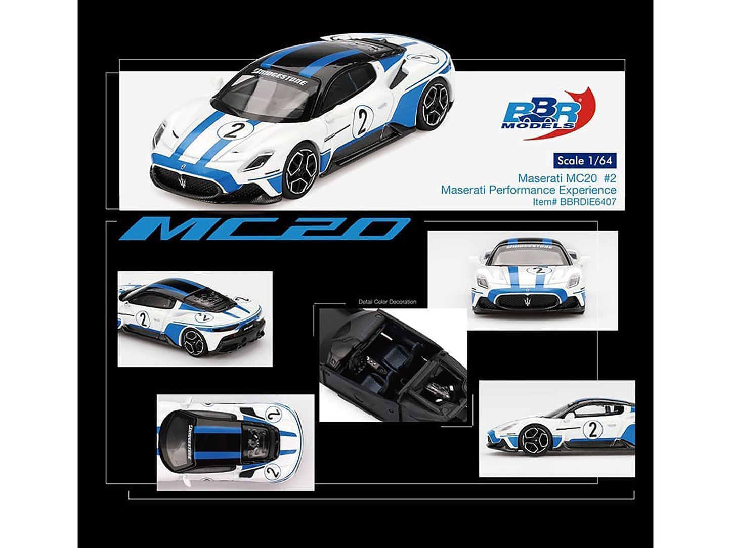 Maserati MC20 #2 White with Blue Stripes and Black Top "Maserati Performance Experience" 1/64 Diecast Model Car by BBR