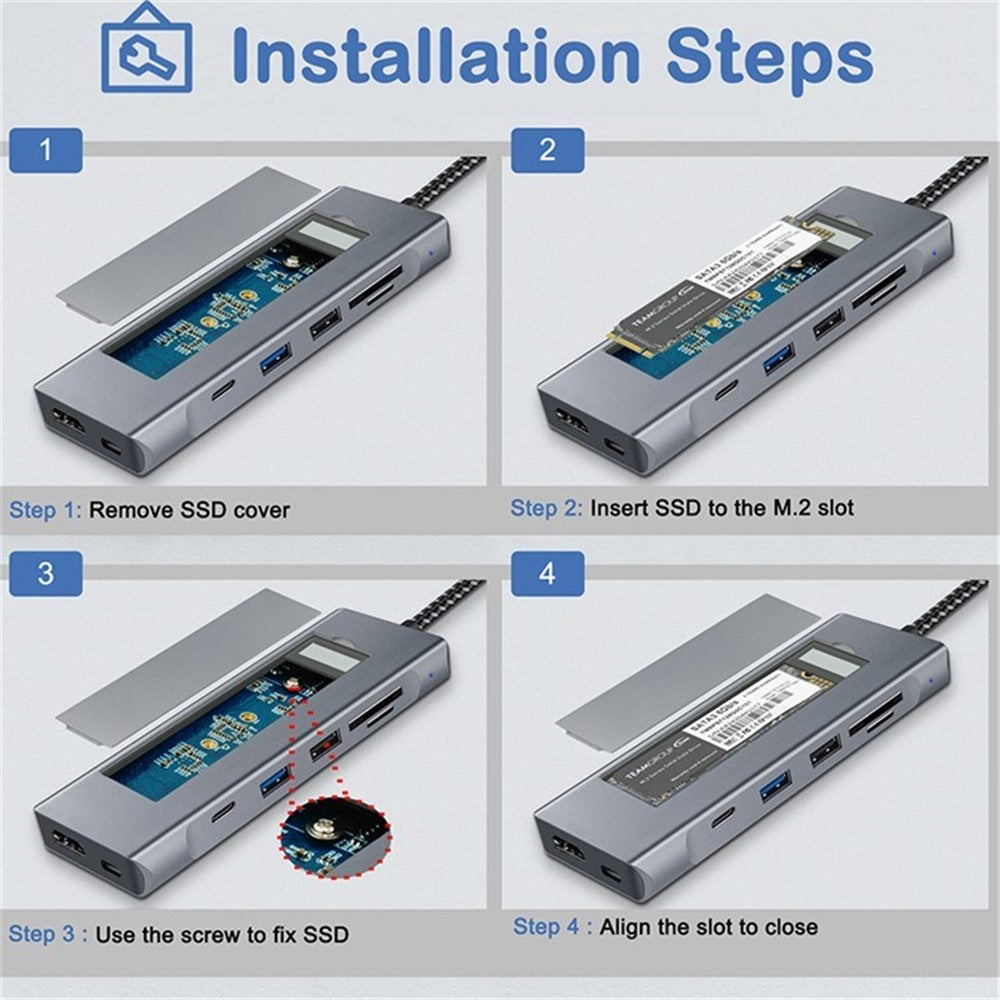 8 in 1 Multi-Port USB Type-C Hub NVME SATA M.2 Multi-function Hub Type-C Docking Station