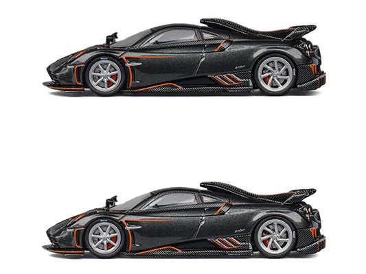 Pagani Imola Dark Gray Metallic with Carbon and Orange Accents with Extra Wheels 1/64 Diecast Model Car by CM Model