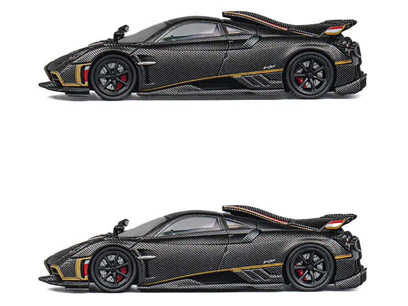 Pagani Imola Black Carbon with Red and Gold Stripes with Extra Wheels 1/64 Diecast Model Car by CM Model
