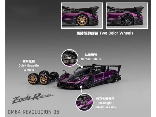 Pagani Zonda Revolucion Purple Metallic and Carbon with Extra Wheels 1/64 Diecast Model Car by CM Model