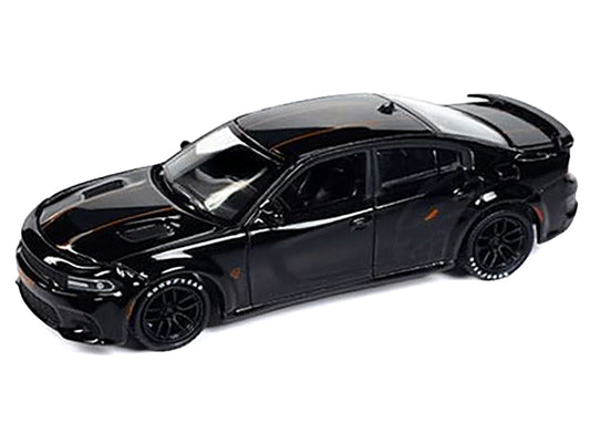 2021 Dodge Charger SRT Hellcat Black with Graphics and Orange Stripes Limited Edition to 4800 pieces Worldwide 1/64 Diecast Model Car by Auto World