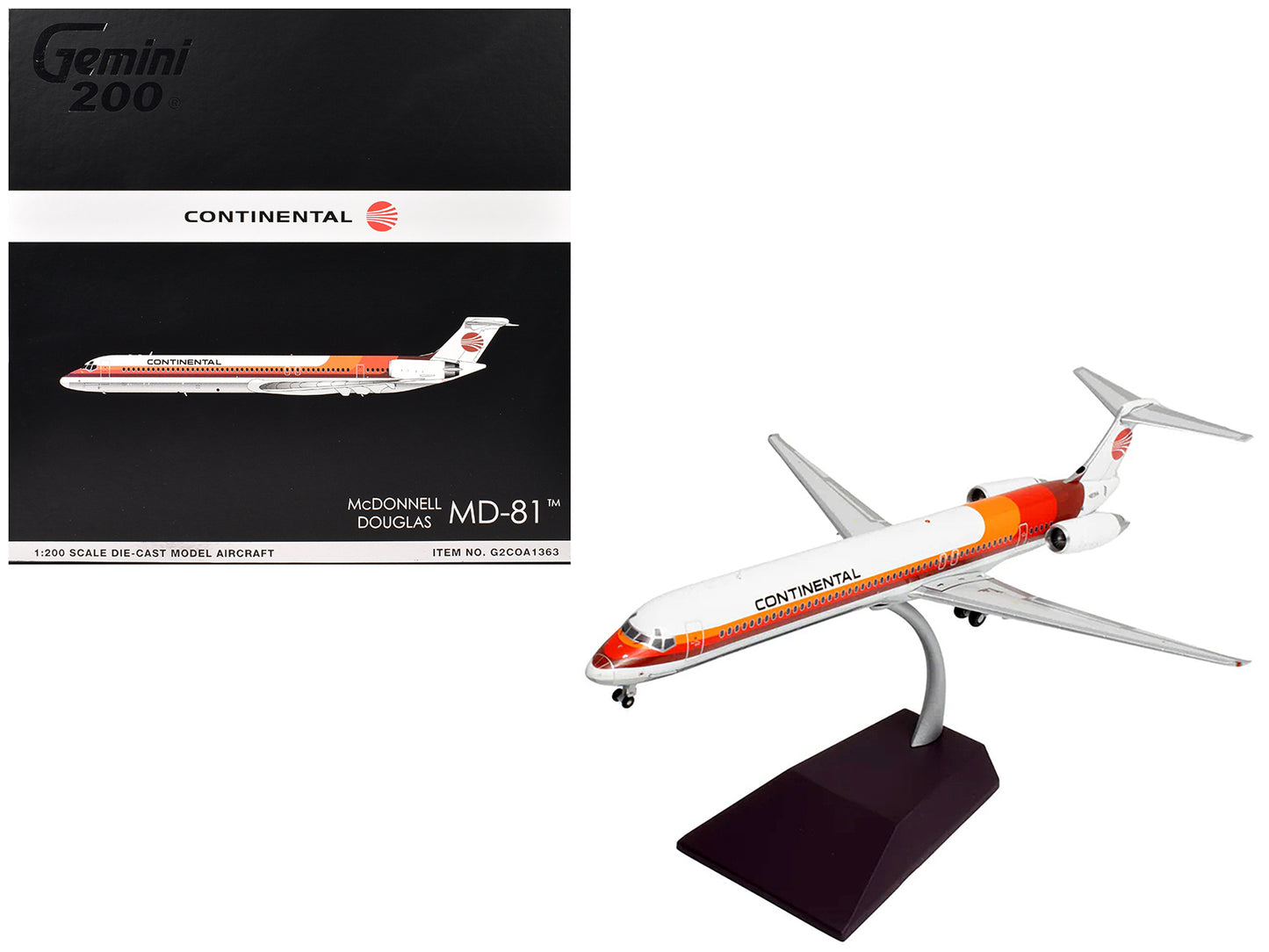 McDonnell Douglas MD-81 Commercial Aircraft "Continental Airlines" (N859HA) White with Red and Orange Stripes "Gemini 200" Series 1/200 Diecast Model Airplane by GeminiJets