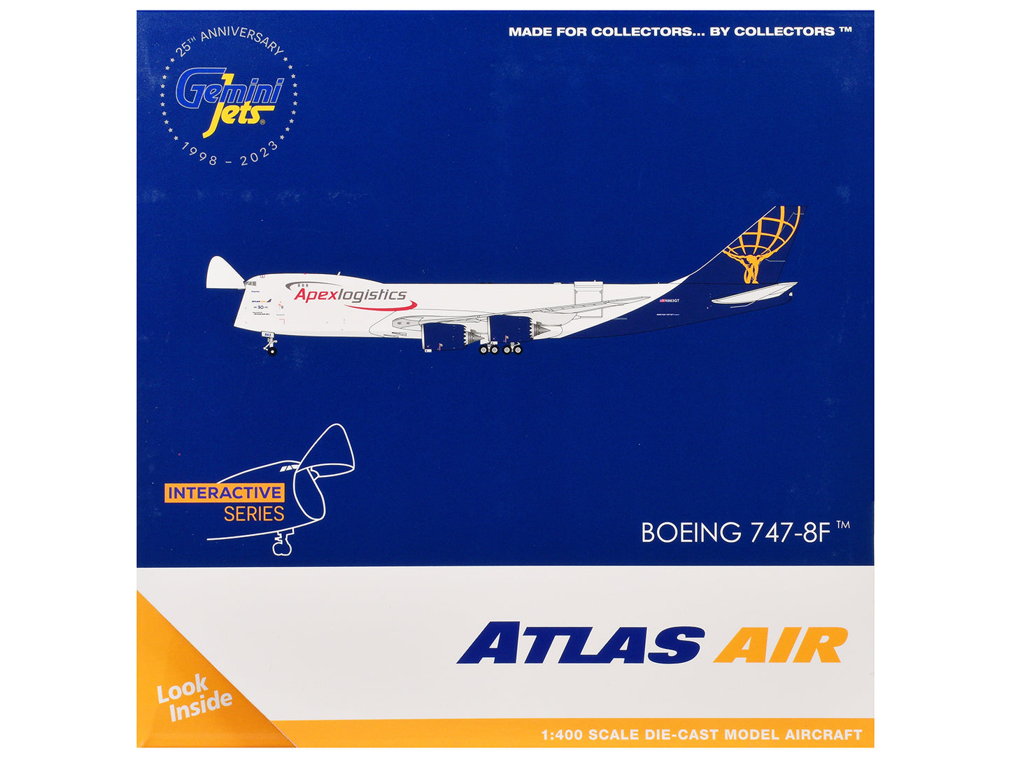 Boeing 747-8F Commercial Aircraft "Atlas Air - Apex Logistics" (N863GT) White with Blue Tail "Interactive Series" 1/400 Diecast Model Airplane by GeminiJets