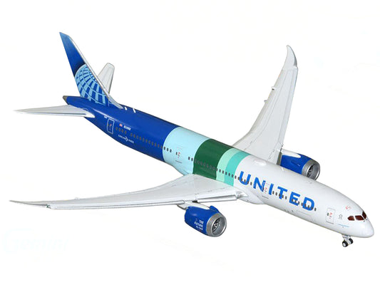 Boeing 787-9 Commercial Aircraft with Flaps Down "United Airlines - The Future is SAF" (N24988) White and Blue with Stripes 1/400 Diecast Model Airplane by GeminiJets