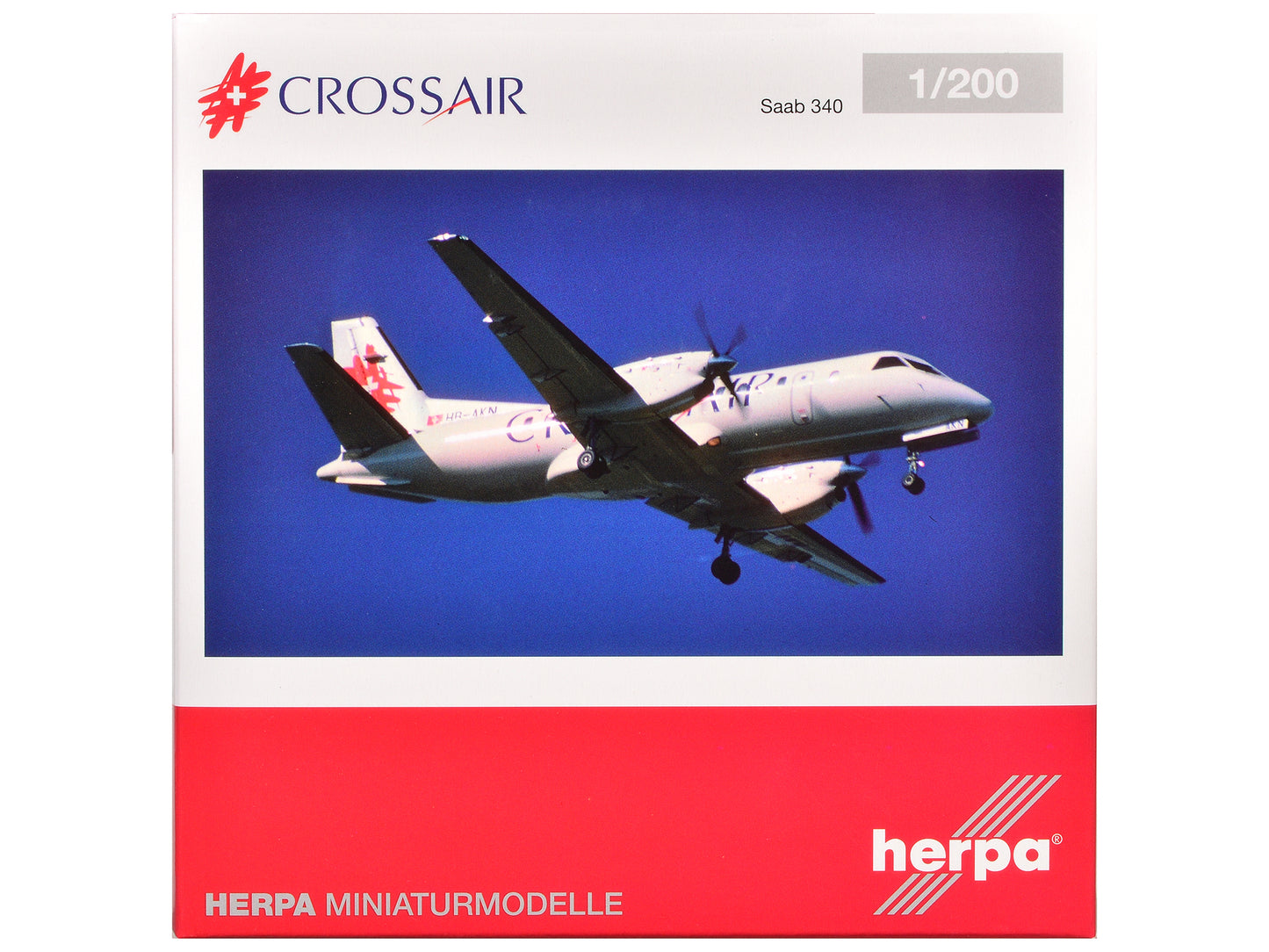 Saab 340 Commercial Aircraft "Crossair" (HB-AKN) White with Tail Graphics 1/200 Diecast Model Airplane by Herpa
