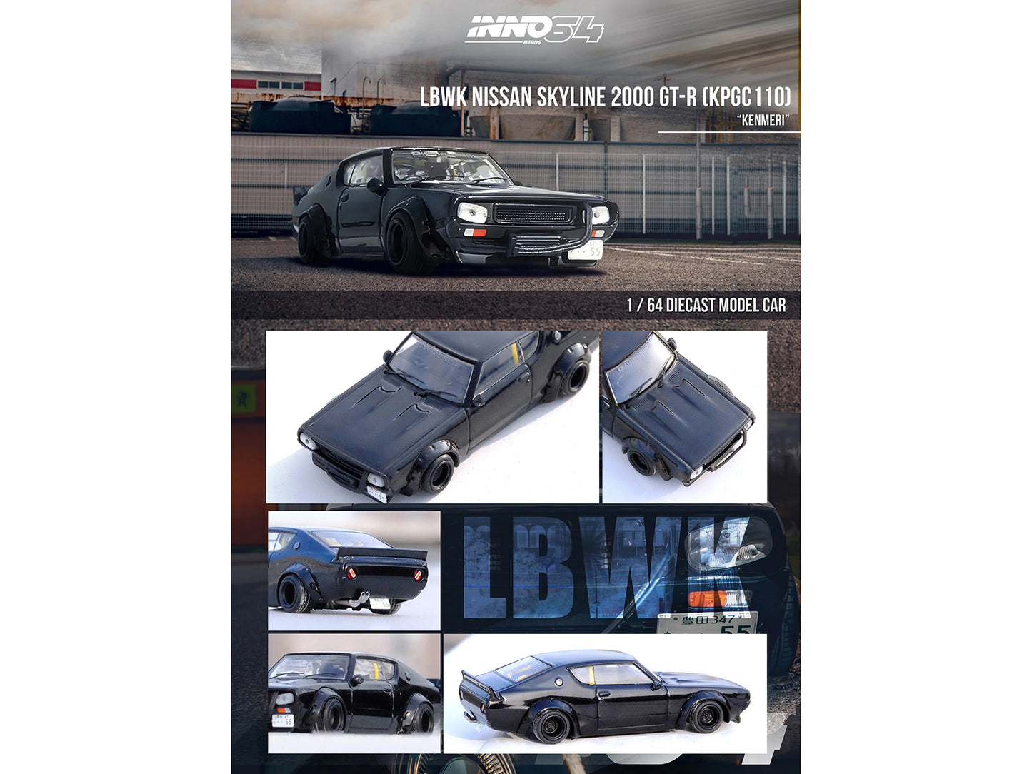 Nissan Skyline 2000 GT-R (KPGC110) RHD (Right Hand Drive) "LB-Works" Black 1/64 Diecast Model Car by Inno Models