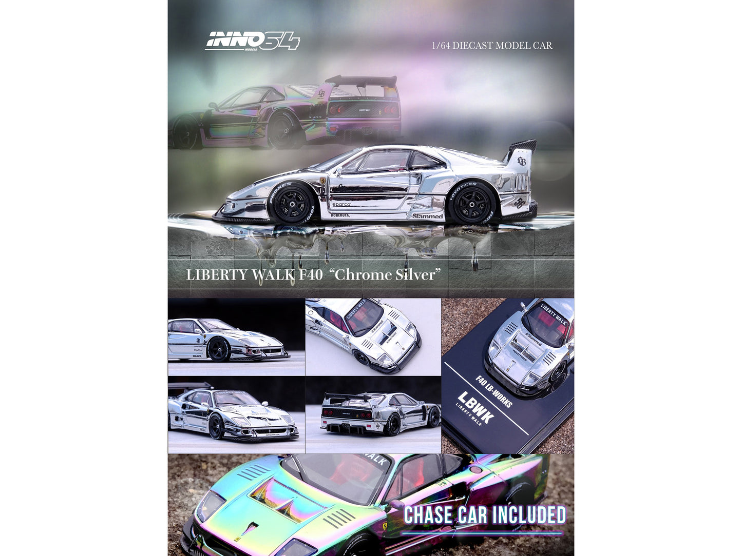 LBWK (Liberty Walk) F40 Chrome Silver 1/64 Diecast Model Car by Inno Models