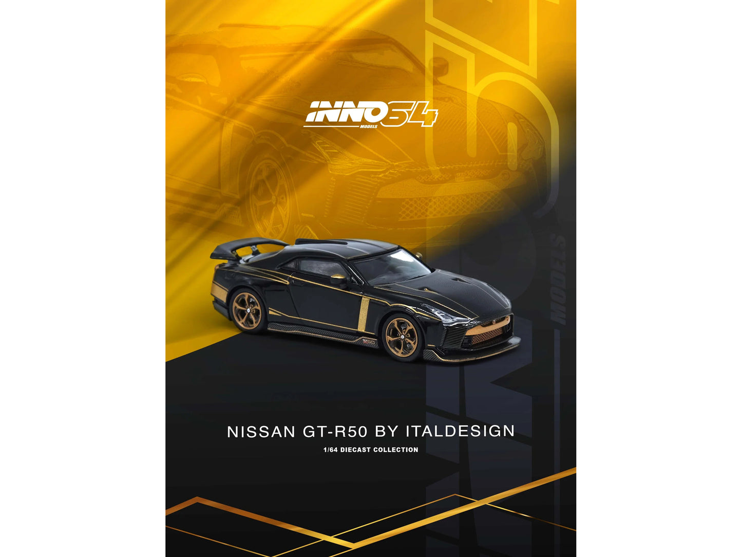 Nissan GT-R50 By ItalDesign Black with Gold Accents and Carbon Hood 1/64 Diecast Model Car by Inno Models
