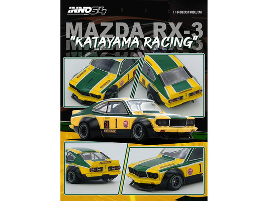 Mazda RX-3 Savanna RHD (Right Hand Drive) #1 "Katayama Racing Livery" Green and Yellow Striped 1/64 Diecast Model Car by Inno Models